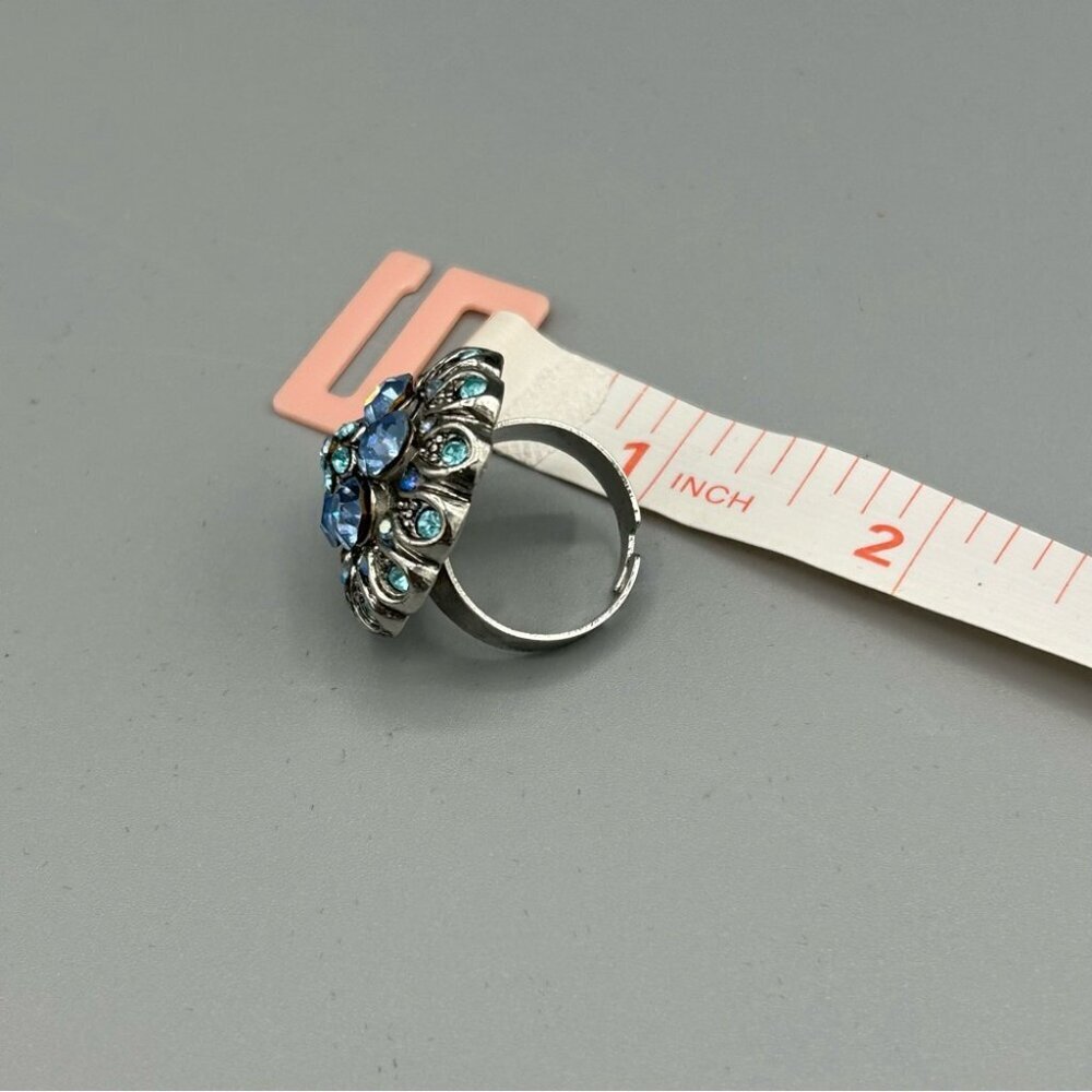 Blue Rhinestone Floral Cocktail Ring Adjustable Silver Tone - Picture 5 of 9